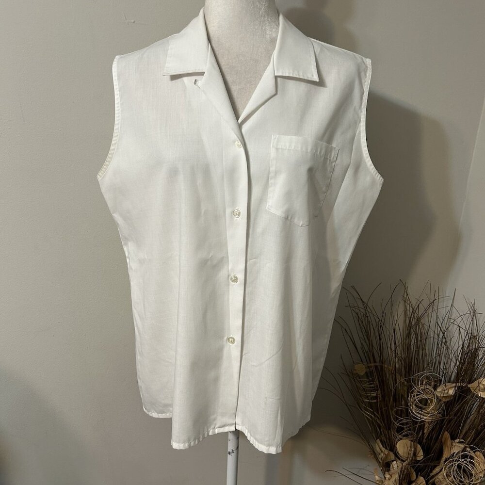 Vtg Picket & Post Women Button Up Shirt Sleeveless White Cotton Blend Sz 16 Flaw